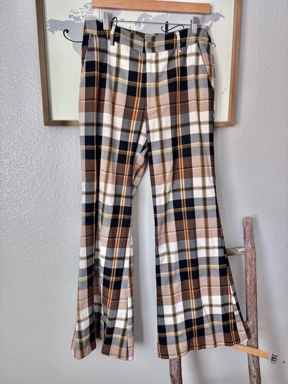 SO PLAID FLANNEL FLARE BUTTON FRONT TROUSERS PANTS